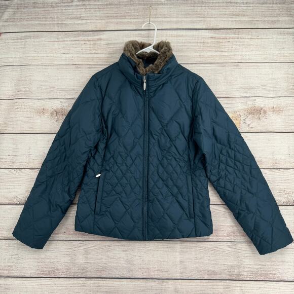 Eddie Bauer Premium Goose Down Quilted Jacket Womens Medium Green Faux Fur Trim - Picture 1 of 10